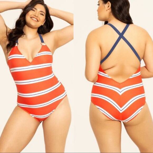 Beach Betty Slimming Control  1-Piece Swimsuit  by Miracle Brands Red Stripe - Picture 1 of 12